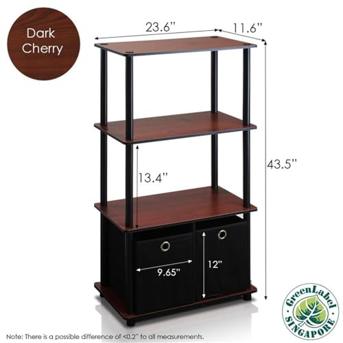 Image of Furinno GO GREEN Storage Shelf Set of 2, 4-Tier Storage Rack with Bins, Book Shelf, Display Rack, with Storage Bins, for Organization and Storage, Living Room, Home Office, Dark Cherry