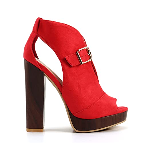 Shoe Republic LA Women's Platform Block Chunky High Heels Open Toe V-Cutout Sandal Miso Red Size 8.5