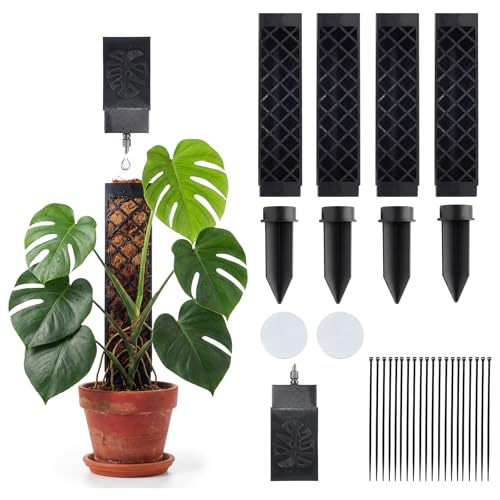 Moosstab für Monstera – 4er Set Rankhilfe mit Selbstbewässerung, Gießhilfe und Kabelbindern für Zimmerpflanzen, ideale Unterstützung für Kletterpflanzen, Schwarz