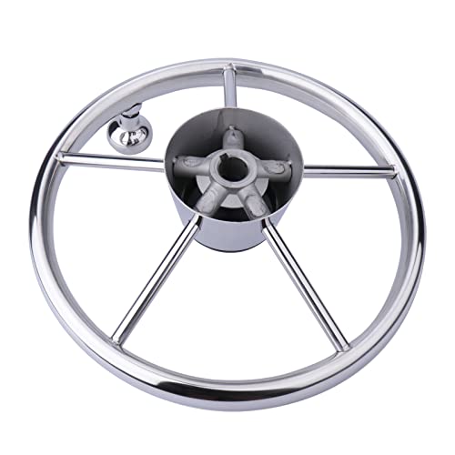 11 Inch Sport Boat Steering Wheel Stainless Steel 5 Spoke 25 Degree Destroyer Style With Knob & Center Cap #TOP5