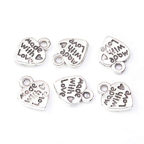 Made with Love Bead Charms 200pcs Heart Shaped Alloy Pendants for Jewellery Filigree Earring Bracelet Dangle Necklace Choker Making Handmade Gift(Silver)