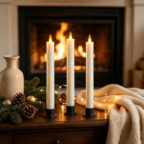Image of Da by 3 Pack Ivory Heat Resistant Flameless Taper Candles, Realistic Dynamic Flame LED Candles, Reusable ABS Candle Lights with Remote Control for Indoor Outdoor Decor