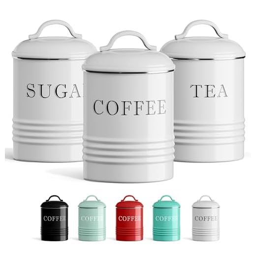 Barnyard Designs Airtight Kitchen Canister Decorations with Lids, White Metal Rustic Farmhouse Country Decor Containers for Sugar Coffee Tea Storage (Set of 3) (4” x 6.75”)