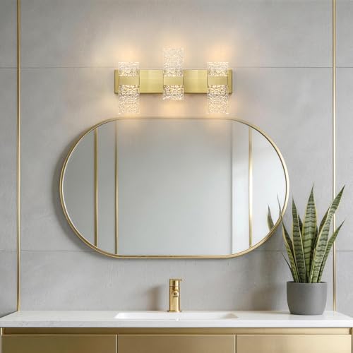 Image of Modern Polished Gold 3 Light Bathroom Vanity Light, Eleglant LED Bathroom Light Fixtures Over Mirror, Hardwired Acrylic Shade Wall Lighting Fixtures, Dimmable, 3CCT(3000 /4000 /5000K)