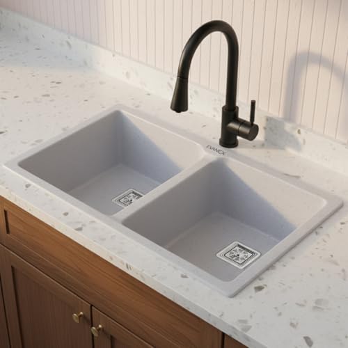 Image of EVANEX Quartz Kitchen Sink|Double Bowl Sink for Kitchen|Topmount /Undermount Kitchen Sinks|Sand Pluto Double Sink with Connector, Waste Pipe, Coupling and Drain Basket|45x20x9 Granite Kitchen Sinks