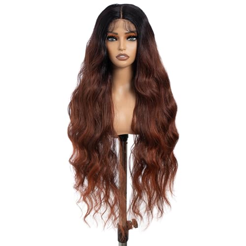 DÉBUT Body Wave Long Wavy Lace Front Wigs 13x4 Middle Part Synthetic Wig for Women Slight Pre Plucked Hairline with Baby Hair Highlight Copper Brown Mixed Ginger Brown Color 36 Inches