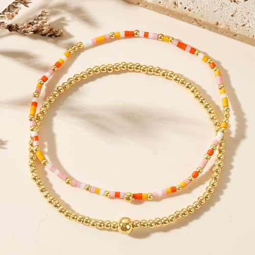 Gold Beaded Bracelets Stack for Women, 3PCS Colorful Bohemian Stackable Layered Adjustable Stretch Non-Tarnish Seed Beads Bracelet Set, Dainty Jewelry Fall Fashion Accessory Friendship Gift4