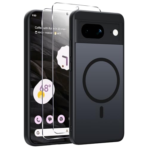 Yxnvixn Magnetic Phone Case for Google Pixel 7a Case with 2 Tempered Glass Screen Protector Fit for MagSafe Military-Grade Protection Shockproof Translucent Matte Back Slim Shockproof Cover Black