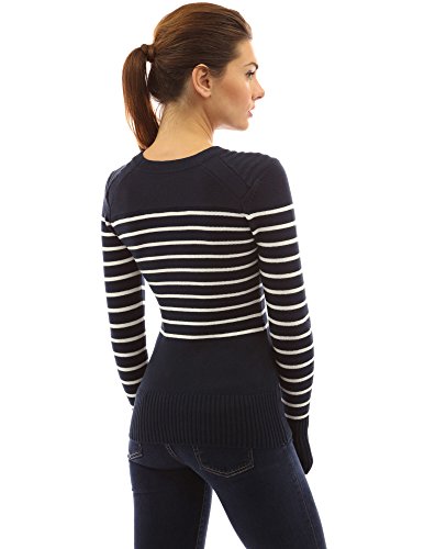 PattyBoutik Women Crewneck Striped Military Sweater (Navy Blue and Ivory X-Large) - Thumbnail 3