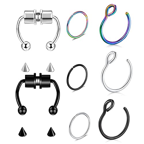 LAIMALA 20G Fake Nose Ring, Horseshoe Faux Piercing Jewelry 8mm Non Piercing Clip-on Fake Cartilage Earring Lip Rings Fake Nose Ring Hoop for Faux Lip Septum Nose Ring Set for Women Men (8PCS)