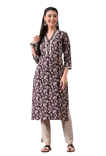 Image of Ichaa Women's Pure Cotton A-Line Ethnic V-Neck Kurta with 3 /4th Sleeve for Daily and Office Wear, in Plus Sizes
