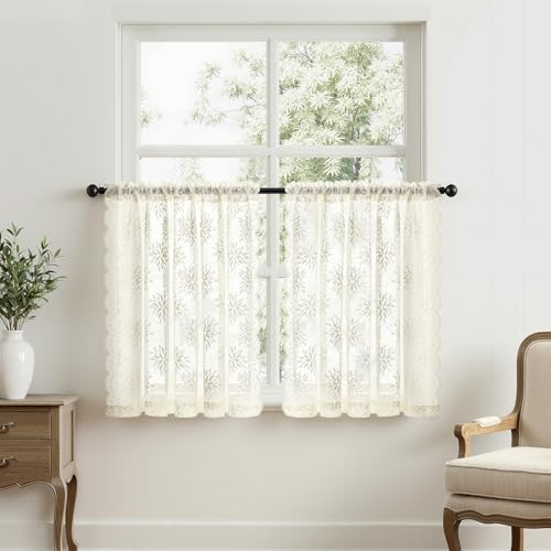 Image of MIULEE Vintage Floral Scalloped Lace Curtains 2 Panels, Ivory 52 inch W x 36 inch L