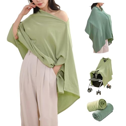 Image of TADO MUSLIN 2-Pack Nursing Covers for Breastfeeding, 100% Organic Cotton Muslin Breastfeeding Cover, Multi-Use Nursing Scarf, Car Seat Canopy, Stroller Cover, Soft Breathable Baby Blanket Green