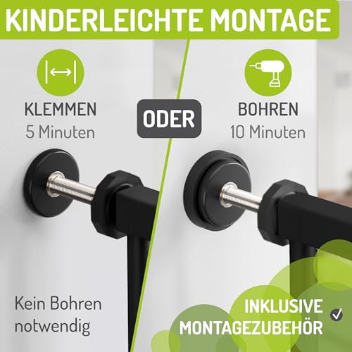 Bomi Treppenschutzgitter Merle Flatstep, Breite 95-103 cm | Türschutzgitter ohne Bohren, stabile Kindersicherung für Kind & Hund, TÜV geprüftes Hundegitter, Türgitter, Treppengitter, Metall Schwarz