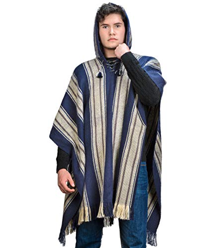 Image of Men's Cape Poncho in Navy Blue and Beige Wool - Alpaca Hooded Peruvian Poncho - Fashion Cloak Cape - Artisan Crafted