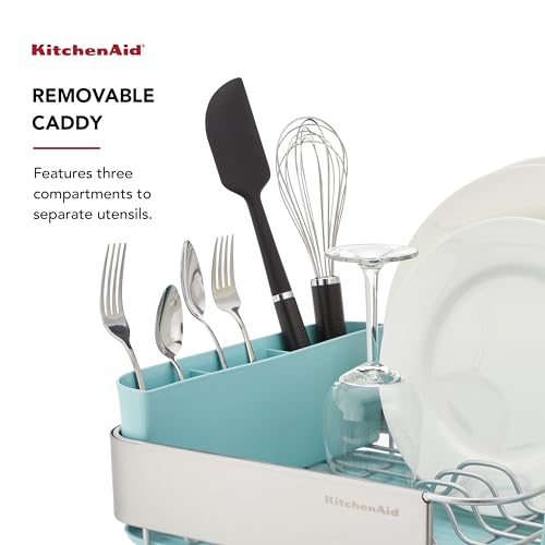 Image of KitchenAid Compact Space Saving Rust Resistant Dish Rack with Removable Flatware Caddy and Angled Self Draining Drainboard, 12.63 x 15.87 x 5.54 Inch, Mineral Water