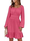 ANRABESS Womens Dress Long Lantern Sleeve Square Neck Elastic Waist Ruffle Flowy Swing A-Line Short Dresses 2025 Fall Fashion Hot Pink Medium