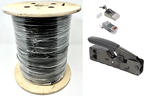 Ultra Spec Cables - Cat6 - Cable Ethernet impermeable para entierro directo a granel blindado sólido (cobre puro), cubierta negra resistente (sin extremos), 1000 pies con 10 conectores blindados RJ45