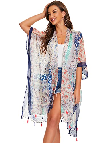 Image of Breezy Lane Women's Kimono Cardigan Summer Swimsuit Coverups Beach Cover Up with Floral Print for Vacation