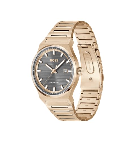 Image of BOSS Candor Auto Mech-Automatic Grey Round Dial Men's Watch|Ionic Plated Rose Gold Steel Material|Rose Gold Color Band - 1514185