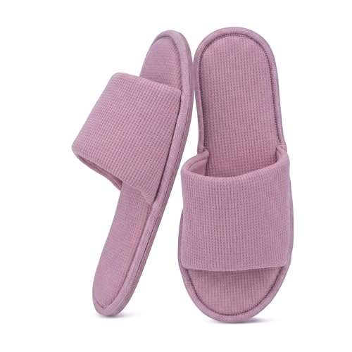 Image of Women's Open Toe House Slippers - Breathable Waffle Fabric, Memory Foam Cushioning, Slip-On Summer Indoor Slippers, Non-Slip TPR Sole, Easy Care