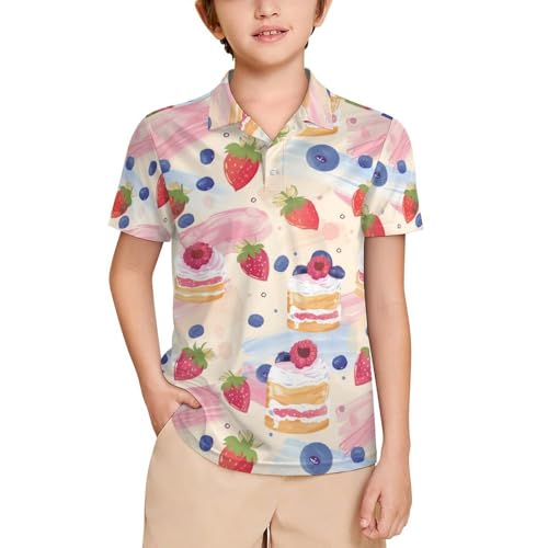 Boys' Classic Polo Shirts Short Sleeve Moisture-Wicking Golf & Tennis Shirts for Youth Teens Strawberry and Blueberry Cake