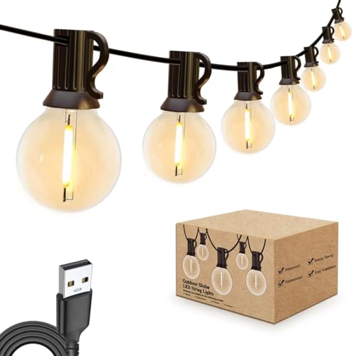 IKERY Outdoor String Lights 25ft USB 5V G40 Globe LED Patio Lights with12 Shatterproof Bulbs,Waterproof Hanging Lights for Backyard Porch Balcony Camping Tent,Christmas Party,E12 Base,Not Connectable