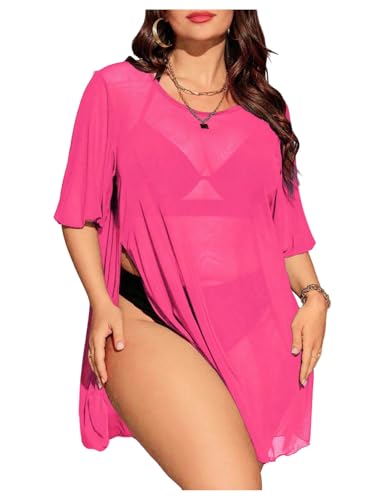 Verdusa Women's Plus Size Side Split Sheer Swim Mesh Cover Up Dress Half Sleeve Short Tunic Dress