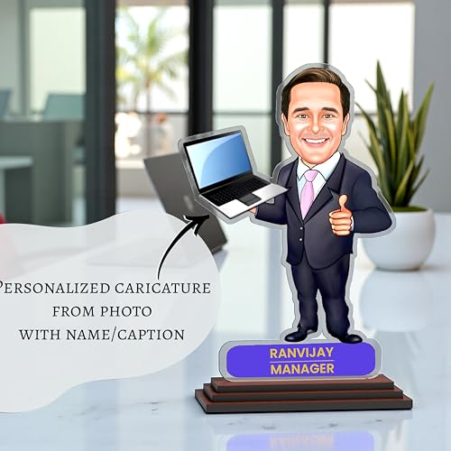 Image of SAVRI Personalized Photo Caricature for Male Employee - Customized Acrylic Standee | Funny & Unique Corporate Gift | Colleagues, Staff, Boss | Birthday, Farewell, Anniversary & Desk Decoration