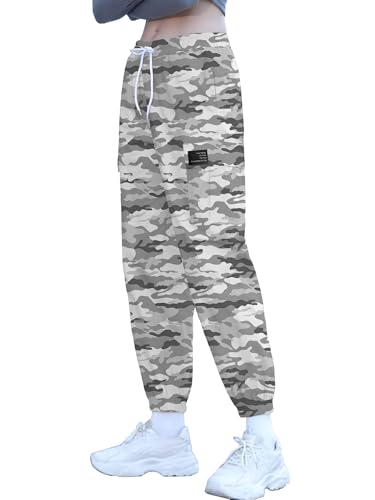 Image of Cromoncent Girls Cargo Pants Elastic Waist Lightweight Outdoor Jogger Pants, Gray White Camo 7-8 Years