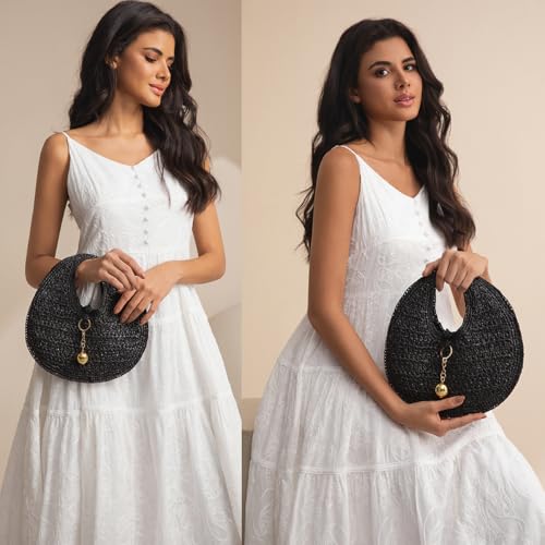 Image of PHILOMENA Woven Straw Beach Bag for Women Handmade Raffia Circle Bag, Summer Boho Chic Tote Purse Handbag Large Round Bag