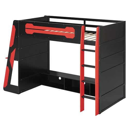 Image of Harper & Bright Designs Twin Size Wood Loft Bed with Desk and Multi-Storage Shelves, Wooden Gaming Loft Bed Frame with RGB Light, Space-Saving Bed with Safety Guardrail, Red