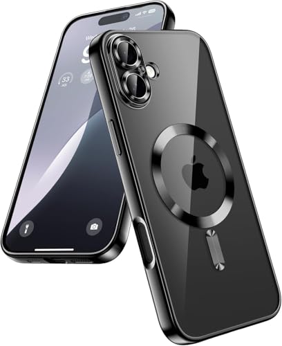 Image of VONZEE Electroplating Transparent Clear Logo Back Cover TPU Compatible with iPhone 16 Case, Compatible with Magsafe, Full Body & Individual Camera Protection for Each Lens for Men & Women (Black)