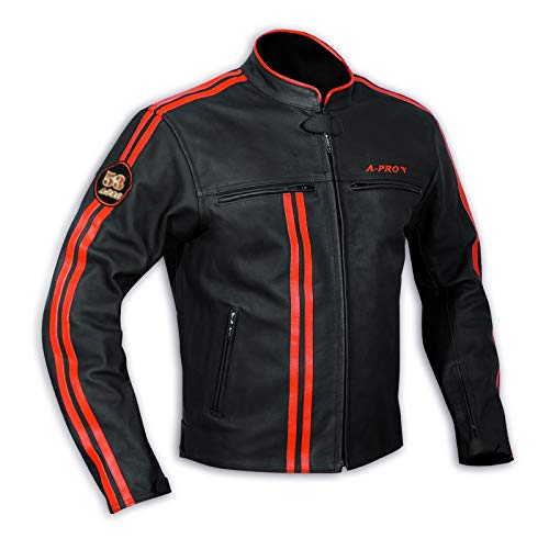 A-Pro Giacca in pelle da uomo, Biker, per Motocicletta, Protezioni certificate CE, Arancione, L