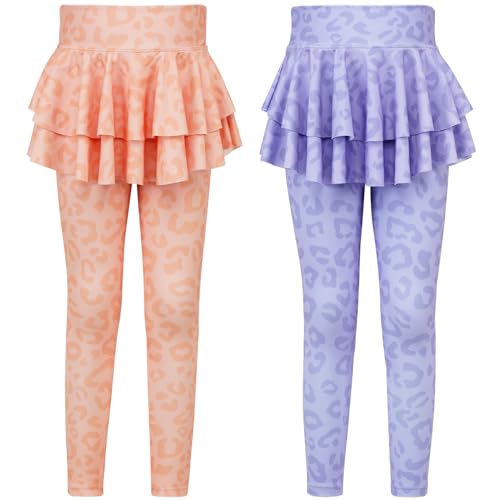 Gogokids 2 Pack Girls Leggings with Skirt, Kids Elastic Ruffle Skirt Pants, Girls Dance Workout Running Pants for 3-11 Years