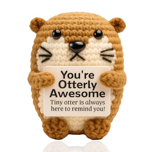Positive Sea Otter Crochet Doll with Encouragement Card, Funny Mini Emotional Support Plush Toy, Handmade Cute Animal Gift for Friends Coworkers Birthday Decor