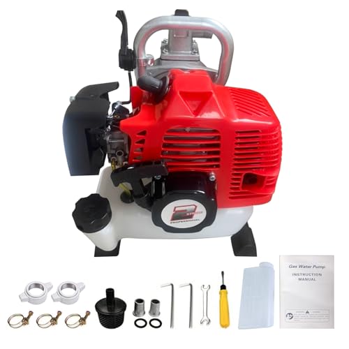 Benzin Wasserpumpe, 50cc 2-Takt Motor, 1300ML/Min, 9 m Saughöhe, 18 m Förderhöhe, 25 mm Ein-/Auslass, 1,25 kW, tragbar, für Garten, Bewässerung, Pool, Schmutzwasserpumpe