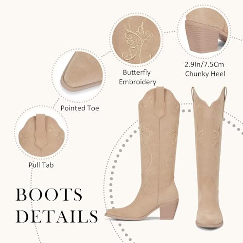 Image of wetkiss Cowboy Boots for Women Knee High, Low Heeled Stable and Comfortable | Knee High Cowgirl Boots,Western Boots with Embroidery,Pull On,Slip On,Non-slip Rubber Sole,Soft and Breathable PU Leather