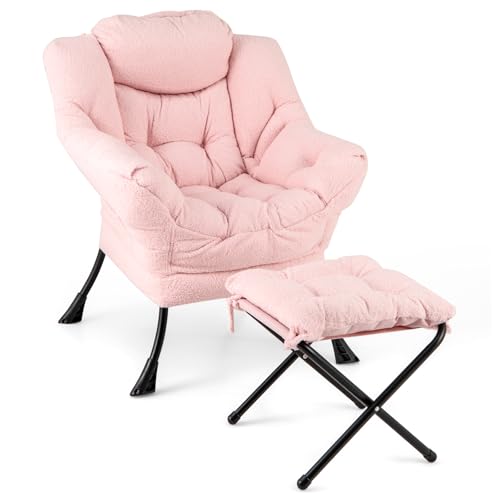 GIANTEX Sillón de Lectura con Reposapiés, Silla Sofá Moderna de Vellón de Imitación con Taburete Plegable, Cojín Suave y Bolsillo Lateral, Sillón de Ocio para Salón, Oficina, Dormitorio (Rosa)