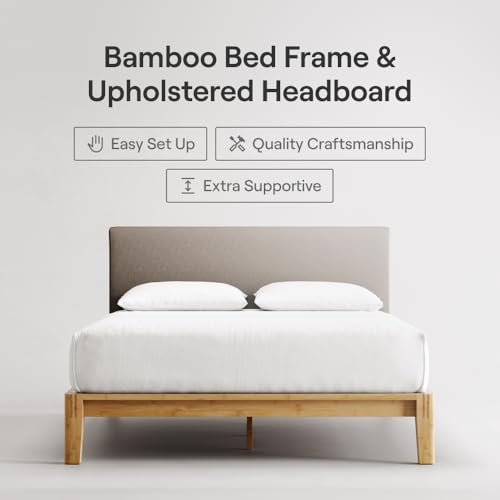 Image of Nectar Bamboo Platform Bed Frame & Upholstered Headboard - Twin - Natural /Slate - Floating Center Support Legs -12 inch Height - Easy Tool Free Set Up - Sturdy Wooden Support Slats - Holds Up To 500 lbs