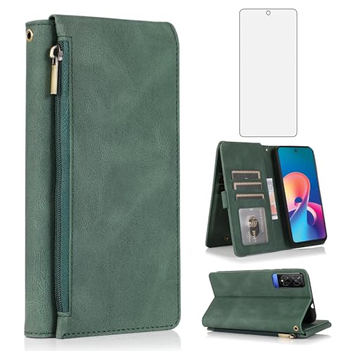 Étui TCL 50 XE 5G anti-choc vert avec vitre de protection écran et rangement zippé