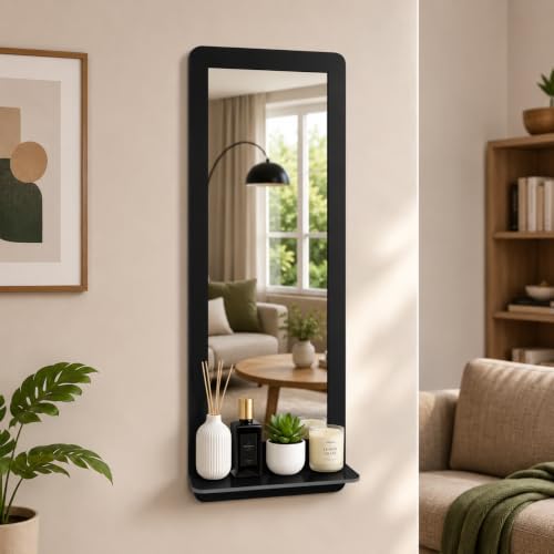 Image of Creative Arts n Frames 15x39 inch Wall Mount HD Framed Mirror with Shelf for Bathroom Bedroom Living Room Home Office Decor Items (Classic Black with Shelf Rectangular.)