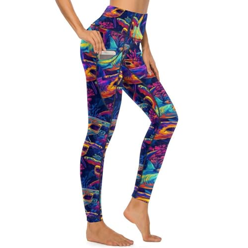 Leggings con estampado de tiburón martillo de neón pantalones de yoga