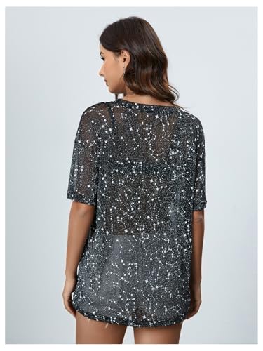 MakeMeChic Women's Summer Short Sleeve Tops Rock Concert Outfits Sequin See Through Mesh Sheer T Shirts Blouse2
