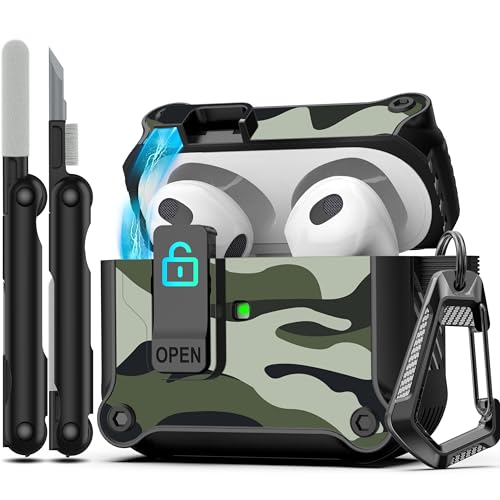 RFUNGUANGO Airpods  3 pP[XASȃbN NbvtAt{fBϏՌn[hVFیA AirPod  3  2021 p AirPods 3 P[X [O LED ] - O[