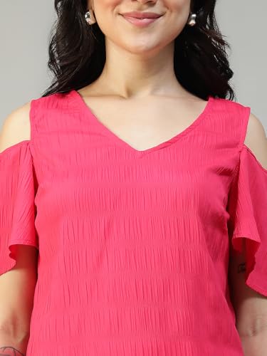 Image of oxolloxo Women Solid V-Neck Short Sleeve Cold Shoulder Yarn-Dyed Dobby Top