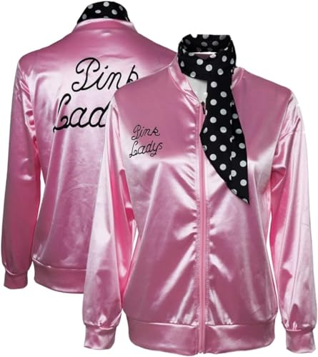 helymore 50er Jahre Ladies Pink Satin Jacke Halloween Karneval Cosplay Kostüm Rosa Jacke mit Halstuch Faschingskostüm, M