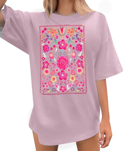 Womens Oversized Tshirt Flower Graphic Tees Boho Hiking T Shirt Vintage Wildflower Shirts Summer Casual Beach Tops
