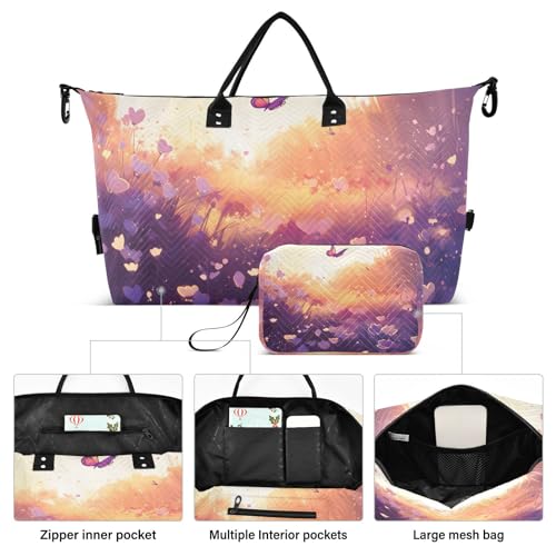 Large Travel Duffel Bag, Purple Butterfly Sunlight Sport Tote Gym Bag, Shoulder Weekender Overnight Bag for Women Men, Carry On Luggage with Toiletry Bag2
