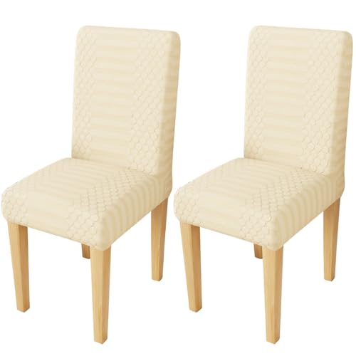 Image of Lukzer Elastic Dining Chair Cover - 2PC Pastel Yellow Dotted Stripe | Textured High Stretch Jacquard Seat Cover | Removable Washable Short Dining Chair Cover Protector Seat Slipcover | (CC-070-02)